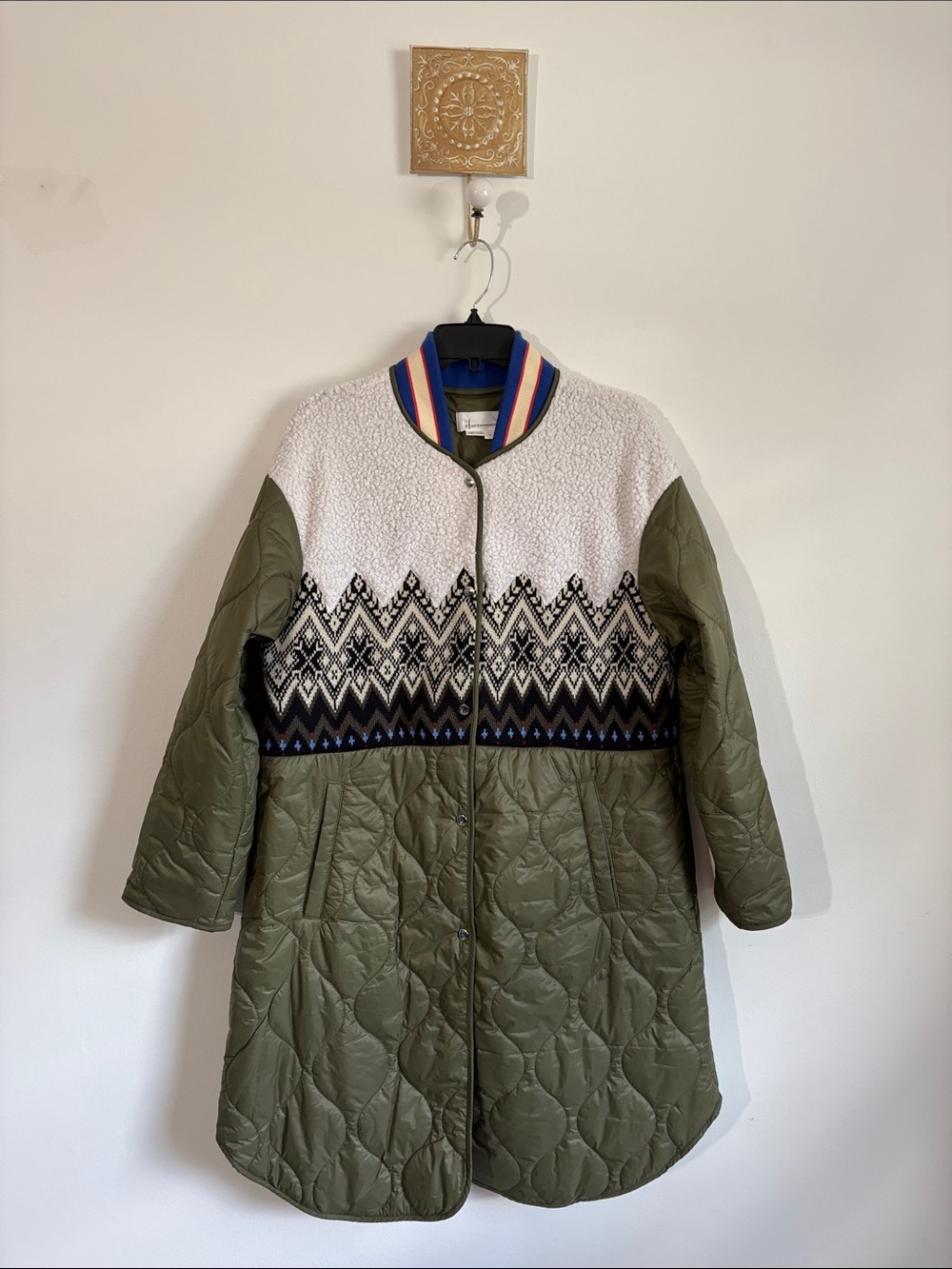Anthropologie Olive Quilted Puffer Coat with Ivory Nordic Yoke